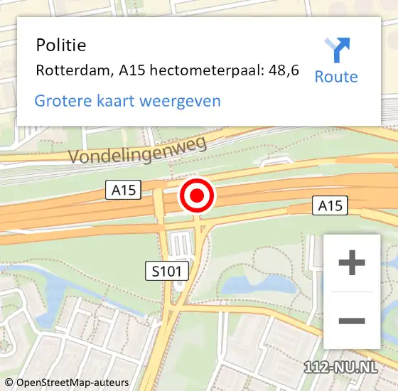 Locatie op kaart van de 112 melding: Politie Rotterdam, A15 hectometerpaal: 48,6 op 22 mei 2023 17:20