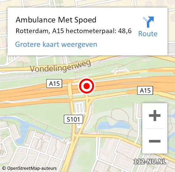 Locatie op kaart van de 112 melding: Ambulance Met Spoed Naar Rotterdam, A15 hectometerpaal: 48,6 op 22 mei 2023 17:22