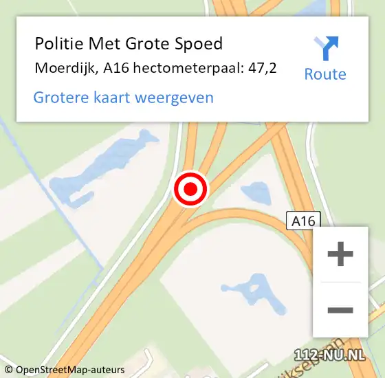 Locatie op kaart van de 112 melding: Politie Met Grote Spoed Naar Moerdijk, A16 hectometerpaal: 47,2 op 22 mei 2023 22:32