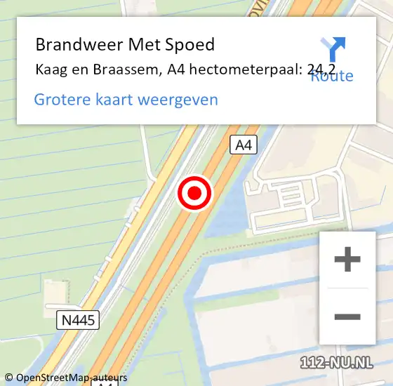 Locatie op kaart van de 112 melding: Brandweer Met Spoed Naar Kaag en Braassem, A4 hectometerpaal: 24,2 op 23 mei 2023 04:30