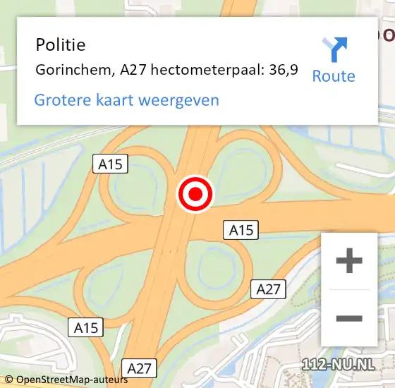 Locatie op kaart van de 112 melding: Politie Gorinchem, A27 hectometerpaal: 36,9 op 23 mei 2023 06:03