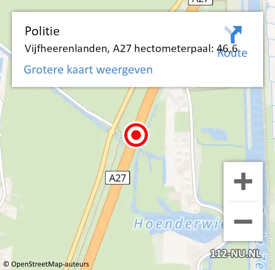 Locatie op kaart van de 112 melding: Politie Vijfheerenlanden, A27 hectometerpaal: 46,6 op 23 mei 2023 10:55
