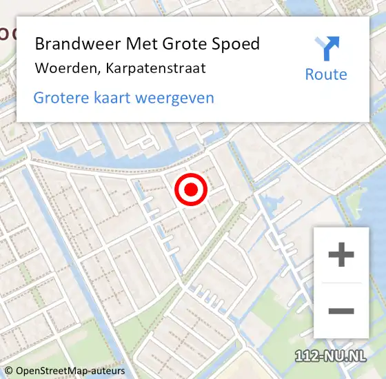 Locatie op kaart van de 112 melding: Brandweer Met Grote Spoed Naar Woerden, Karpatenstraat op 23 mei 2023 11:05