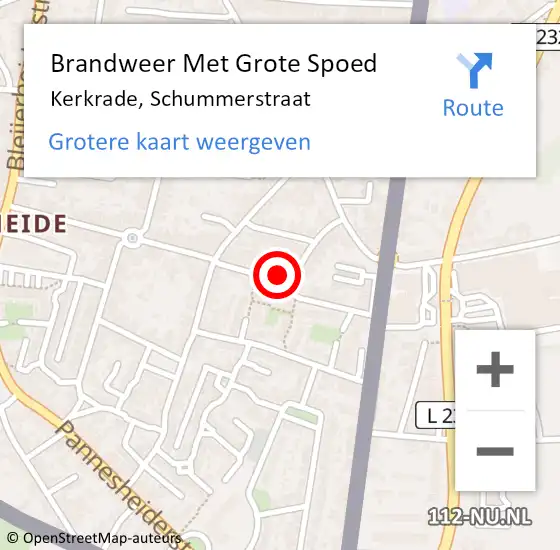 Locatie op kaart van de 112 melding: Brandweer Met Grote Spoed Naar Kerkrade, Schummerstraat op 23 mei 2023 11:41