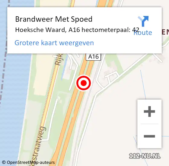 Locatie op kaart van de 112 melding: Brandweer Met Spoed Naar Hoeksche Waard, A16 hectometerpaal: 42 op 23 mei 2023 14:08
