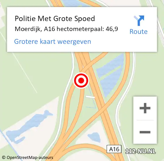 Locatie op kaart van de 112 melding: Politie Met Grote Spoed Naar Moerdijk, A16 hectometerpaal: 46,9 op 23 mei 2023 14:56