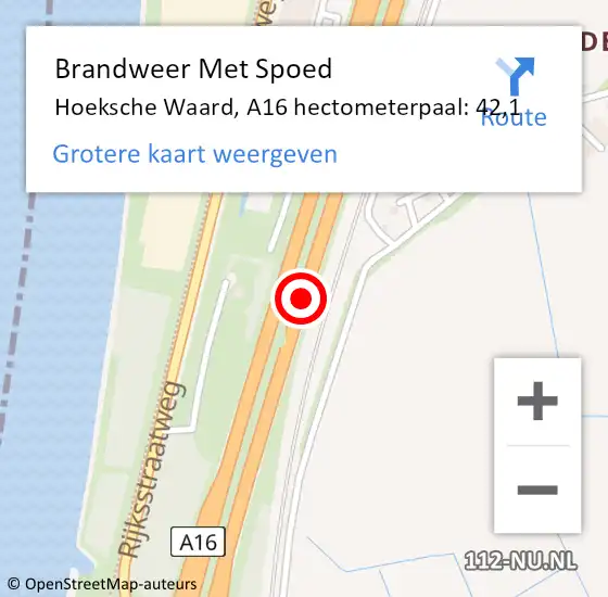 Locatie op kaart van de 112 melding: Brandweer Met Spoed Naar Hoeksche Waard, A16 hectometerpaal: 42,1 op 23 mei 2023 15:42