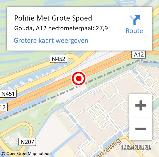 Locatie op kaart van de 112 melding: Politie Met Grote Spoed Naar Gouda, A12 hectometerpaal: 27,9 op 23 mei 2023 15:48