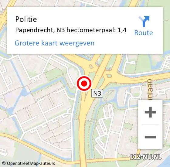 Locatie op kaart van de 112 melding: Politie Papendrecht, N3 hectometerpaal: 1,4 op 23 mei 2023 16:03