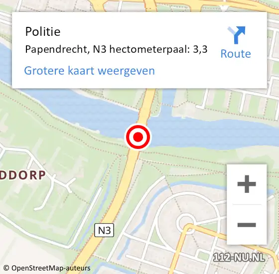 Locatie op kaart van de 112 melding: Politie Papendrecht, N3 hectometerpaal: 3,3 op 23 mei 2023 16:28