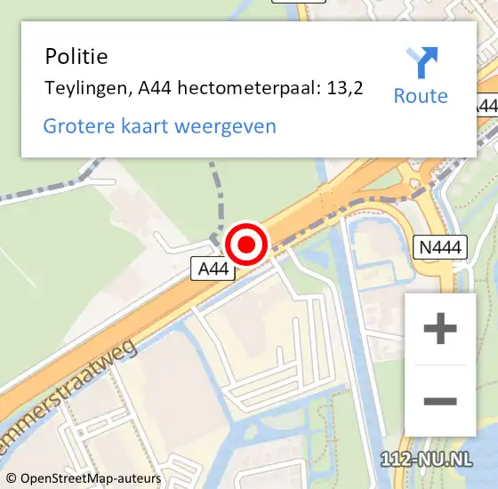 Locatie op kaart van de 112 melding: Politie Teylingen, A44 hectometerpaal: 13,2 op 23 mei 2023 16:39