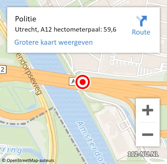 Locatie op kaart van de 112 melding: Politie Utrecht, A12 hectometerpaal: 59,6 op 23 mei 2023 16:58