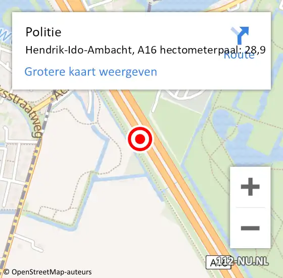 Locatie op kaart van de 112 melding: Politie Hendrik-Ido-Ambacht, A16 hectometerpaal: 28,9 op 23 mei 2023 17:06