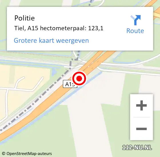 Locatie op kaart van de 112 melding: Politie Tiel, A15 hectometerpaal: 123,1 op 23 mei 2023 20:06