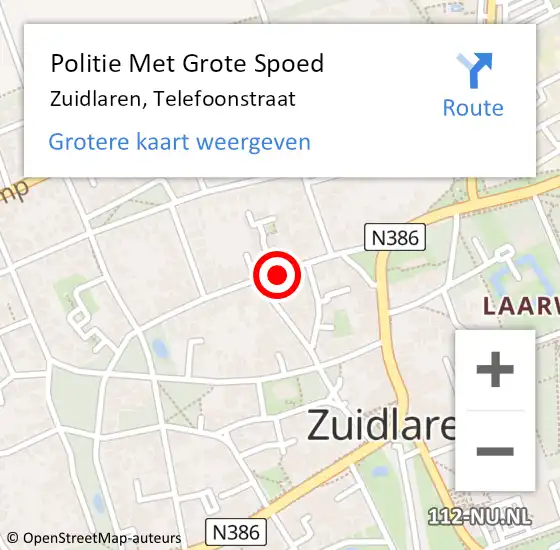 Locatie op kaart van de 112 melding: Politie Met Grote Spoed Naar Zuidlaren, Telefoonstraat op 23 mei 2023 22:17