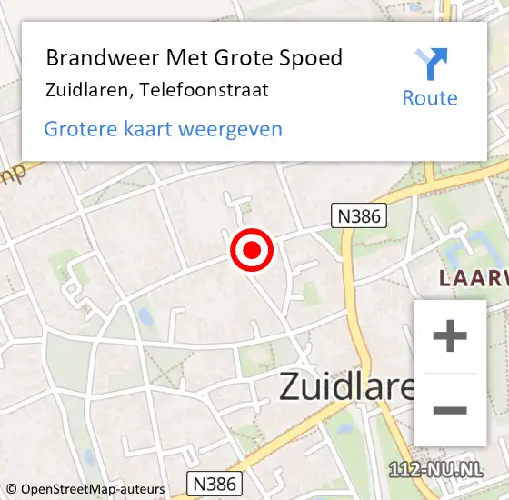 Locatie op kaart van de 112 melding: Brandweer Met Grote Spoed Naar Zuidlaren, Telefoonstraat op 23 mei 2023 22:18