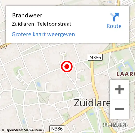 Locatie op kaart van de 112 melding: Brandweer Zuidlaren, Telefoonstraat op 23 mei 2023 22:22