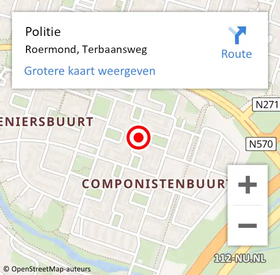 Locatie op kaart van de 112 melding: Politie Roermond, Terbaansweg op 23 mei 2023 22:32