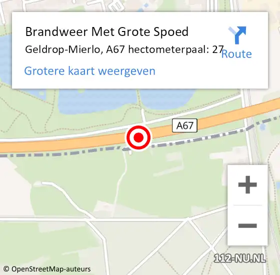 Locatie op kaart van de 112 melding: Brandweer Met Grote Spoed Naar Geldrop-Mierlo, A67 hectometerpaal: 27 op 24 mei 2023 07:21