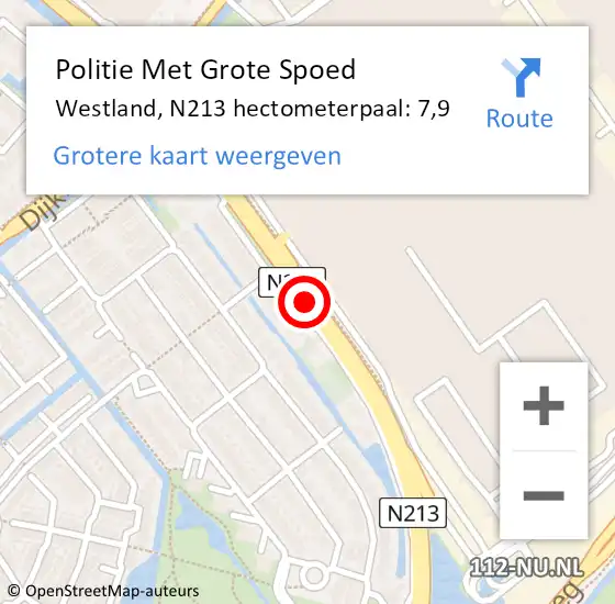 Locatie op kaart van de 112 melding: Politie Met Grote Spoed Naar Westland, N213 hectometerpaal: 7,9 op 24 mei 2023 07:52
