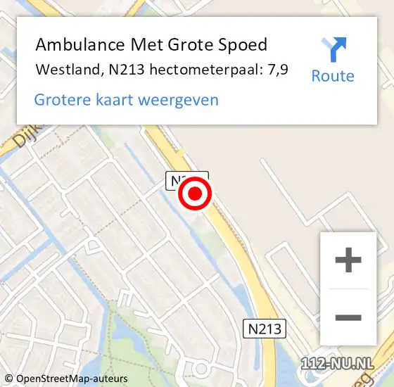 Locatie op kaart van de 112 melding: Ambulance Met Grote Spoed Naar Westland, N213 hectometerpaal: 7,9 op 24 mei 2023 07:54