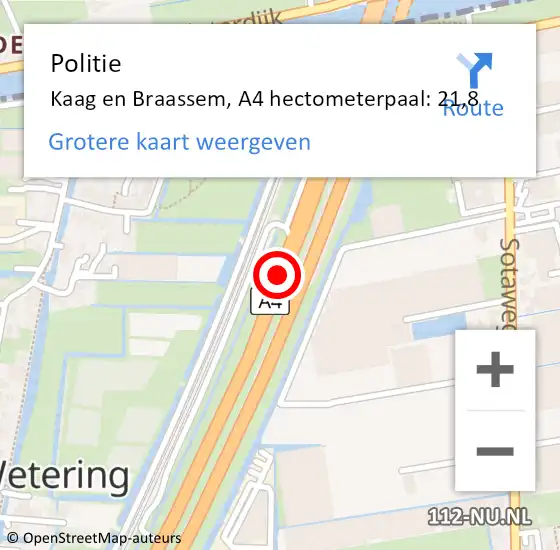 Locatie op kaart van de 112 melding: Politie Kaag en Braassem, A4 hectometerpaal: 21,8 op 24 mei 2023 09:28