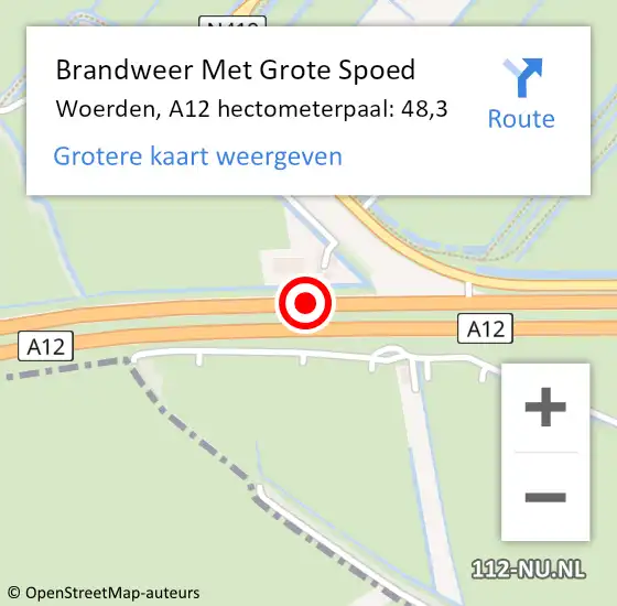 Locatie op kaart van de 112 melding: Brandweer Met Grote Spoed Naar Woerden, A12 hectometerpaal: 48,3 op 24 mei 2023 10:46