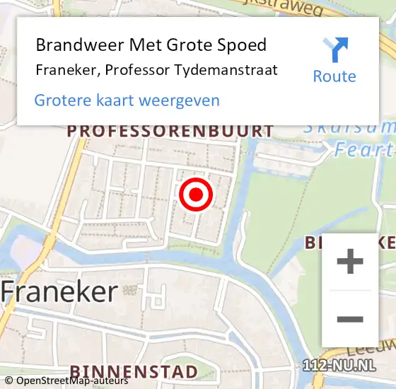 Locatie op kaart van de 112 melding: Brandweer Met Grote Spoed Naar Franeker, Professor Tydemanstraat op 24 mei 2023 12:52