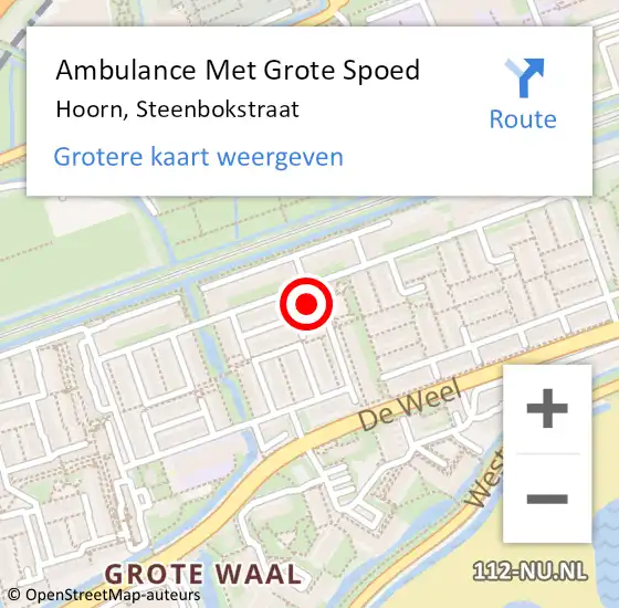 Locatie op kaart van de 112 melding: Ambulance Met Grote Spoed Naar Hoorn, Steenbokstraat op 24 mei 2023 14:26