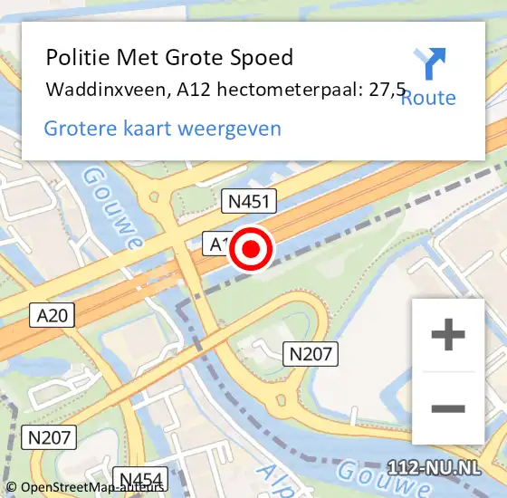 Locatie op kaart van de 112 melding: Politie Met Grote Spoed Naar Waddinxveen, A12 hectometerpaal: 27,5 op 24 mei 2023 15:35