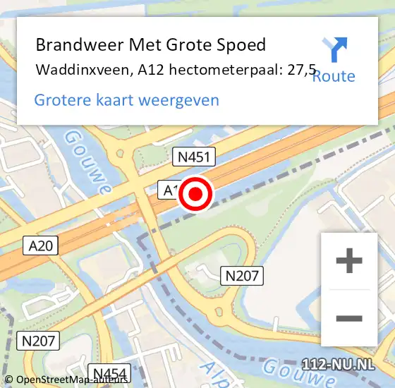 Locatie op kaart van de 112 melding: Brandweer Met Grote Spoed Naar Waddinxveen, A12 hectometerpaal: 27,5 op 24 mei 2023 15:37