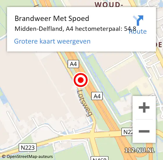 Locatie op kaart van de 112 melding: Brandweer Met Spoed Naar Midden-Delfland, A4 hectometerpaal: 54,8 op 24 mei 2023 15:42