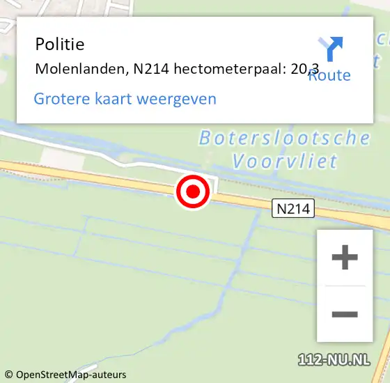 Locatie op kaart van de 112 melding: Politie Molenlanden, N214 hectometerpaal: 20,3 op 24 mei 2023 17:06