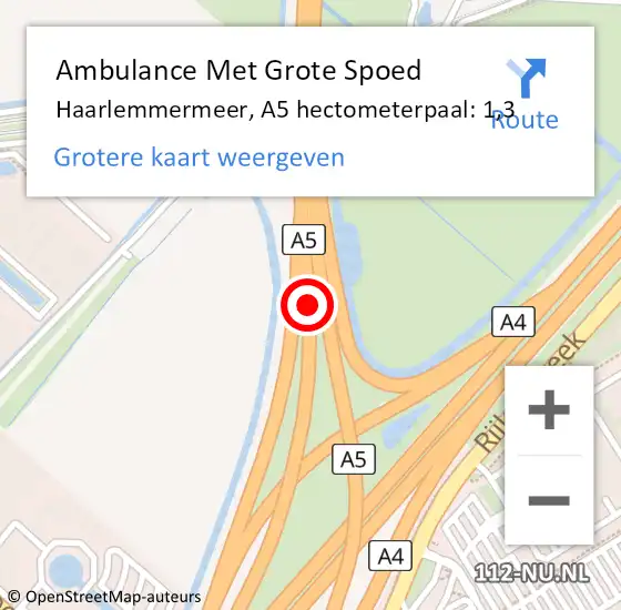 Locatie op kaart van de 112 melding: Ambulance Met Grote Spoed Naar Haarlemmermeer, A5 hectometerpaal: 1,3 op 24 mei 2023 17:33