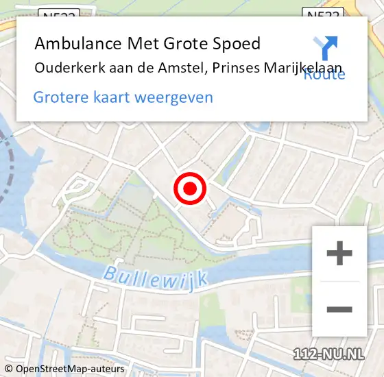 Locatie op kaart van de 112 melding: Ambulance Met Grote Spoed Naar Ouderkerk aan de Amstel, Prinses Marijkelaan op 24 mei 2023 17:44