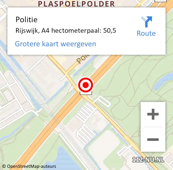 Locatie op kaart van de 112 melding: Politie Rijswijk, A4 hectometerpaal: 50,5 op 24 mei 2023 18:53