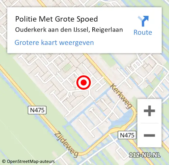 Locatie op kaart van de 112 melding: Politie Met Grote Spoed Naar Ouderkerk aan den IJssel, Reigerlaan op 24 mei 2023 19:25