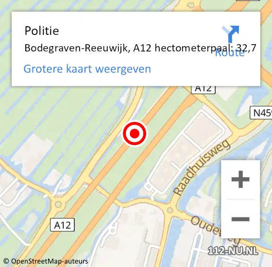 Locatie op kaart van de 112 melding: Politie Bodegraven-Reeuwijk, A12 hectometerpaal: 32,7 op 24 mei 2023 19:34