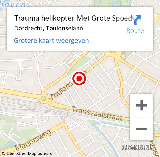 Locatie op kaart van de 112 melding: Trauma helikopter Met Grote Spoed Naar Dordrecht, Toulonselaan op 24 mei 2023 19:41