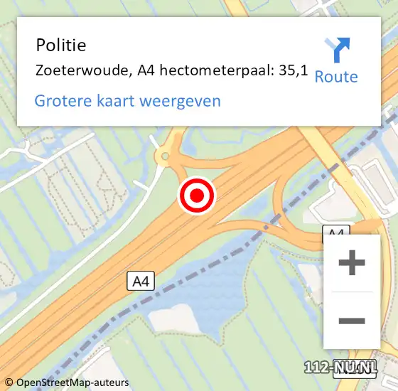 Locatie op kaart van de 112 melding: Politie Zoeterwoude, A4 hectometerpaal: 35,1 op 25 mei 2023 00:11