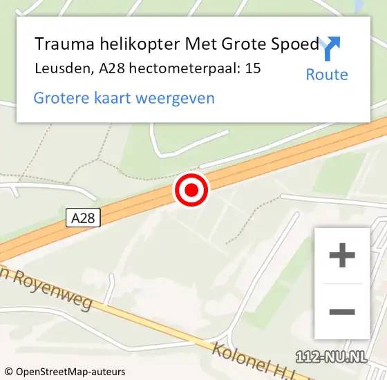Locatie op kaart van de 112 melding: Trauma helikopter Met Grote Spoed Naar Leusden, A28 hectometerpaal: 15 op 25 mei 2023 08:00