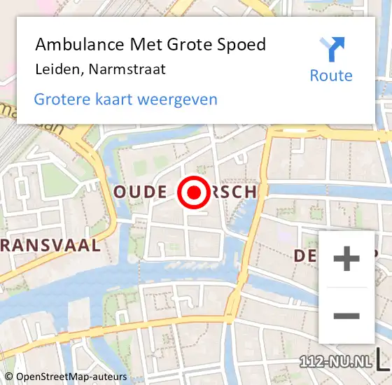 Locatie op kaart van de 112 melding: Ambulance Met Grote Spoed Naar Leiden, Narmstraat op 25 mei 2023 08:09