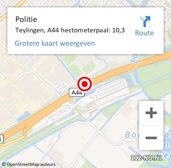 Locatie op kaart van de 112 melding: Politie Teylingen, A44 hectometerpaal: 10,3 op 25 mei 2023 08:10