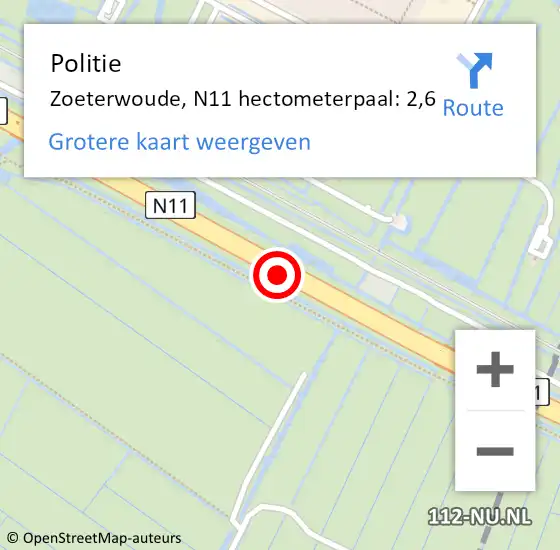 Locatie op kaart van de 112 melding: Politie Zoeterwoude, N11 hectometerpaal: 2,6 op 25 mei 2023 08:20