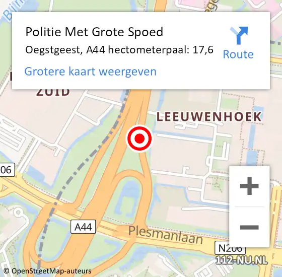 Locatie op kaart van de 112 melding: Politie Met Grote Spoed Naar Oegstgeest, A44 hectometerpaal: 17,6 op 25 mei 2023 08:37