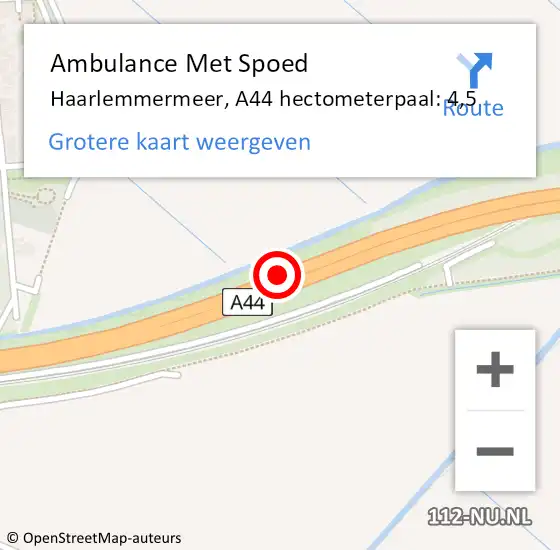 Locatie op kaart van de 112 melding: Ambulance Met Spoed Naar Haarlemmermeer, A44 hectometerpaal: 4,5 op 25 mei 2023 09:10