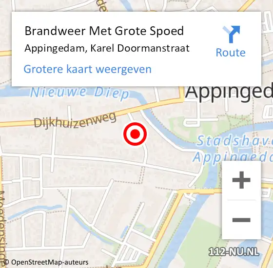 Locatie op kaart van de 112 melding: Brandweer Met Grote Spoed Naar Appingedam, Karel Doormanstraat op 25 mei 2023 09:31