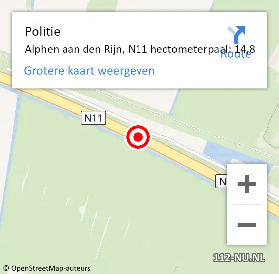 Locatie op kaart van de 112 melding: Politie Alphen aan den Rijn, N11 hectometerpaal: 14,8 op 25 mei 2023 10:55