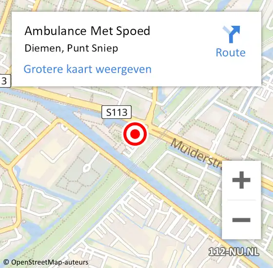 Locatie op kaart van de 112 melding: Ambulance Met Spoed Naar Diemen, Punt Sniep op 25 mei 2023 13:37