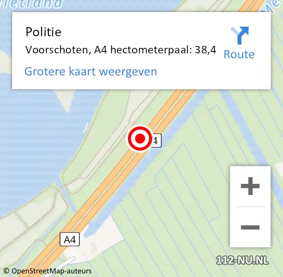 Locatie op kaart van de 112 melding: Politie Voorschoten, A4 hectometerpaal: 38,4 op 25 mei 2023 13:51